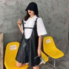Plain Loose-fit Short-sleeve Shirt / Faux Leather Jumper Skirt