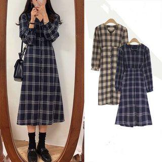 V-neck Plaid Midi A-line Dress