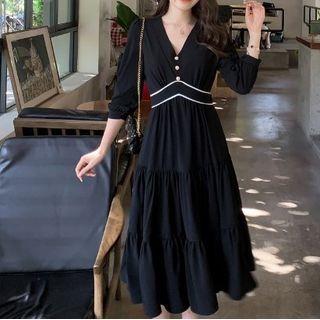 3/4-sleeve V-neck Tiered Midi A-line Dress