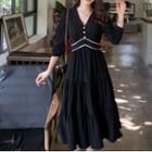 3/4-sleeve V-neck Tiered Midi A-line Dress