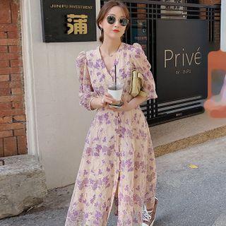 Balloon-sleeve Slit A-line Dress