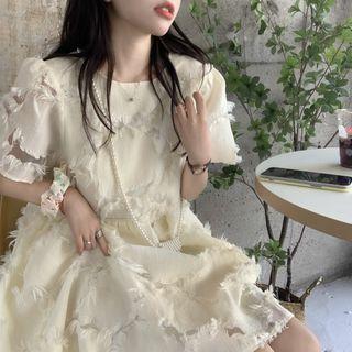 Short-sleeve Fringed A-line Dress Pale Yellow - One Size