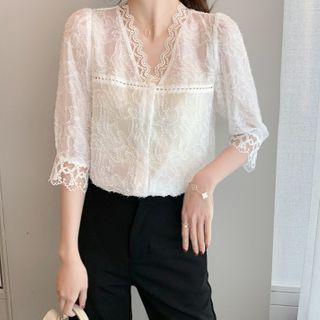 Short Sleeve V-neck Lace Blouse