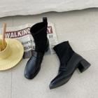 Genuine Leather Fabric Panel Block Heel Short Boots