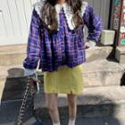 Peter Pan Collar Lace Top / Long-sleeve Plaid Shirt / High-waist Plain Mini Skirt