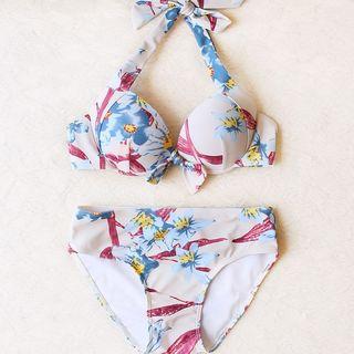 Set: Flower Print Bikini + Cold-shoulder Playsuit