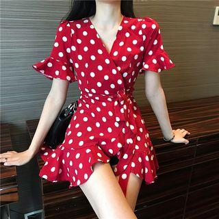 Dotted Short-sleeve Chiffon Mini Wrap Dress