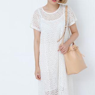 Set: Short-sleeve Midi Lace Dress + Slipdress