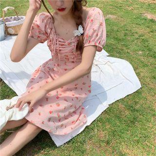 Puff-sleeve Square-neck Floral Print Slim-fit Dress Pink - One Size