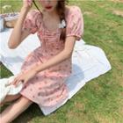 Puff-sleeve Square-neck Floral Print Slim-fit Dress Pink - One Size