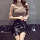Set: Mesh Long-sleeve Top + Faux-leather Mini Skirt