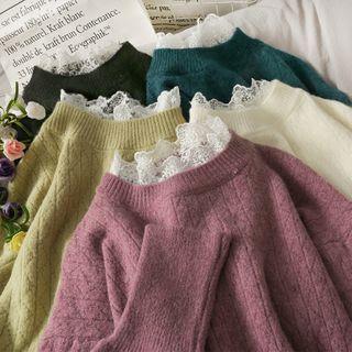 Lace-neckline Drop-shoulder Knit Sweater In 5 Colors
