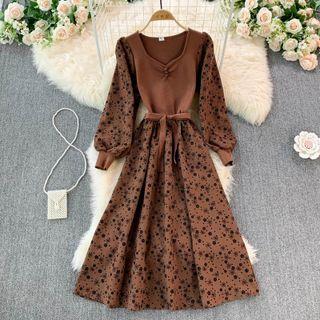 Knit Panel Floral Print Dress