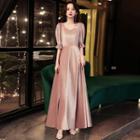 Elbow-sleeve Plain A-line Evening Gown