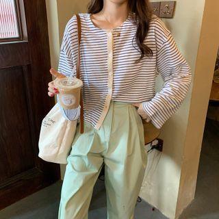 Long-sleeve Striped Buttoned Top / Wide-leg Dress Pants