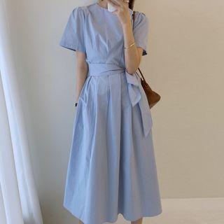 Short Sleeve Pleated Dress With Sash