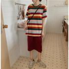 Short-sleeve Striped T-shirt / Plain Midi Skirt