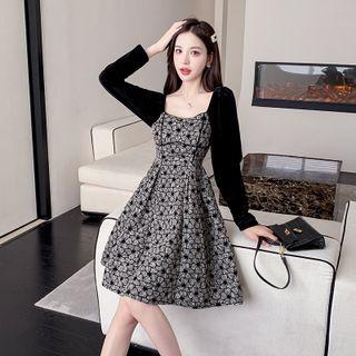 Long-sleeve Floral Print Velvet A-line Dress