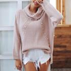 Turtleneck Pearl Accent Sweater Pink Purple - One Size