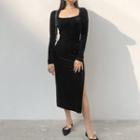 Square-neck Velvet Slit-side Dress