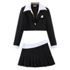 Set : Color Block Cropped Blazer & Accordion Pleat Skirt