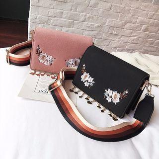 Faux Leather Floral Embroidered Crossbody Bag