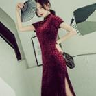 Cap-sleeve Midi A-line Velvet Qipao Dress