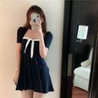 Short-sleeve Tie-front Knit A-line Mini Dress As Shown In Figure - One Size