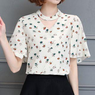 Floral Print Cut Out Shoulder Short Sleeve Blouse