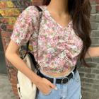 Puff-sleeve Shirred Floral Crop Top