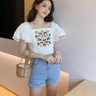Embroidered Off-shoulder Slim-fit Top As Figure - One Size