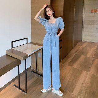 Puff-sleeve Tie-waist Wide Leg Denim Jumpsuit