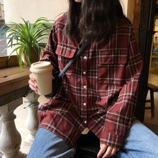 Long-sleeve Plaid Shirt Red - One Size