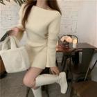 Long-sleeve Plain Slim-fit Knit Dress As Figure - One Size