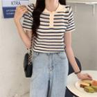 Short-sleeve Striped Polo Collar Top