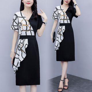 Printed Panel Short-sleeve Sheath Dress