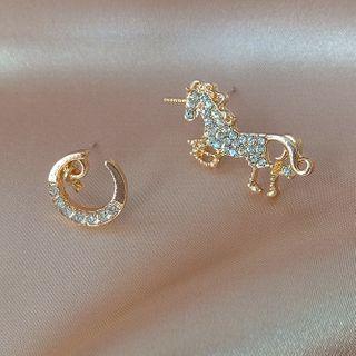 Non-matching Rhinestone Moon Unicorn Earring 1 Pair - As Shown In Figure - One Size