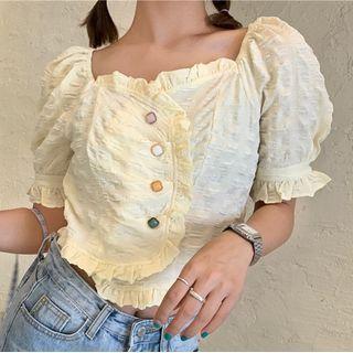 Puff-sleeve Frill Trim Buttoned Chiffon Crop Top