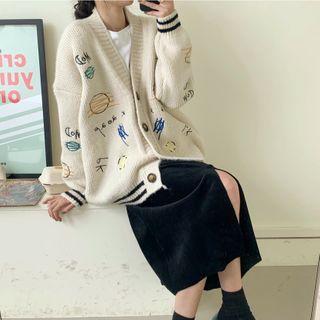 V-neck Embroider Long-sleeve Cardigan