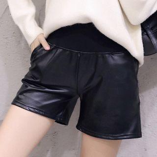 Fleece-lined Plain Faux Leather Shorts