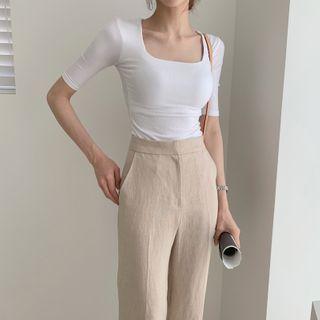 Short-sleeve Square Neck Plain Top