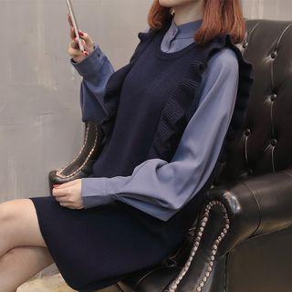 Mock Two-piece Knit Panel Long-sleeve Dress