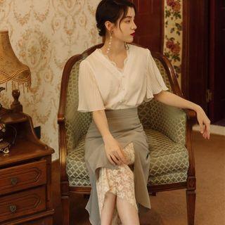 Set: Elbow-sleeve Chiffon Blouse + Lace Trim A-line Midi Skirt