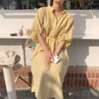Puff-sleeve Gingham Midi Shirt Dress Yellow - One Size