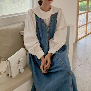 V-neck Embroidered Denim A-line Pinafore Dress