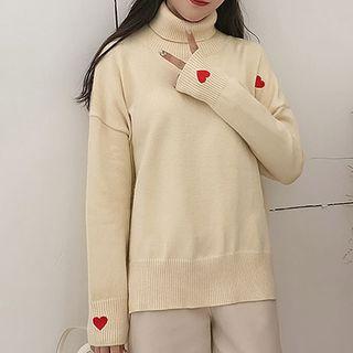 Mock Turtleneck Heart Embroidered Knit Top