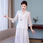 Traditional Chinese 3/4-sleeve Top / Wide Leg Pants