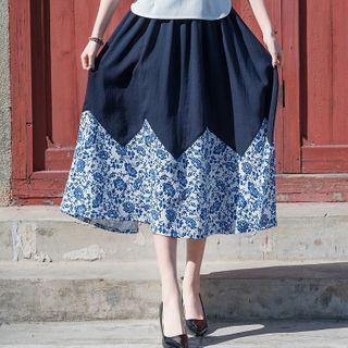 Floral Panel A-line Skirt Black - One Size