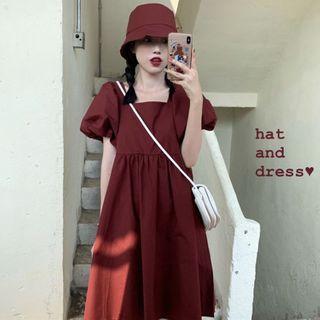 Puff-sleeve Square-neck Midi A-line Dress With Bucket Hat