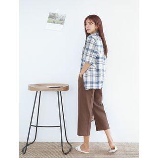 Plus Size Elbow-sleeve Plaid Linen Jacket